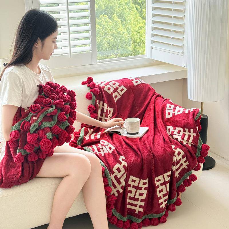 新款囍字玫瑰花束针织毯子结婚订婚送礼毛毯披肩毯休闲设计感盖毯