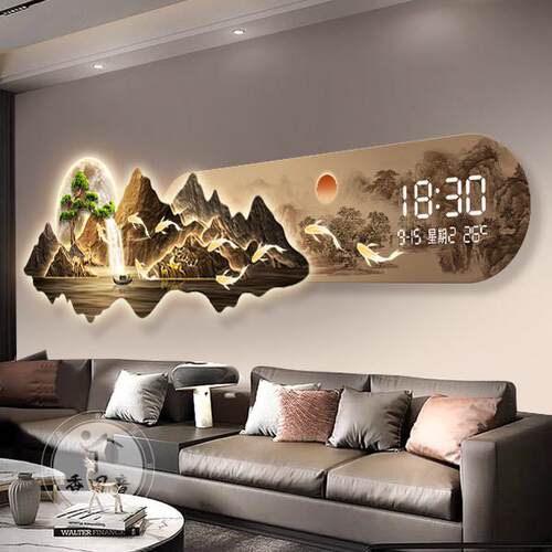九鱼图电子钟客厅装饰画LED灯沙发背景墙壁画高档山水画气氛灯画