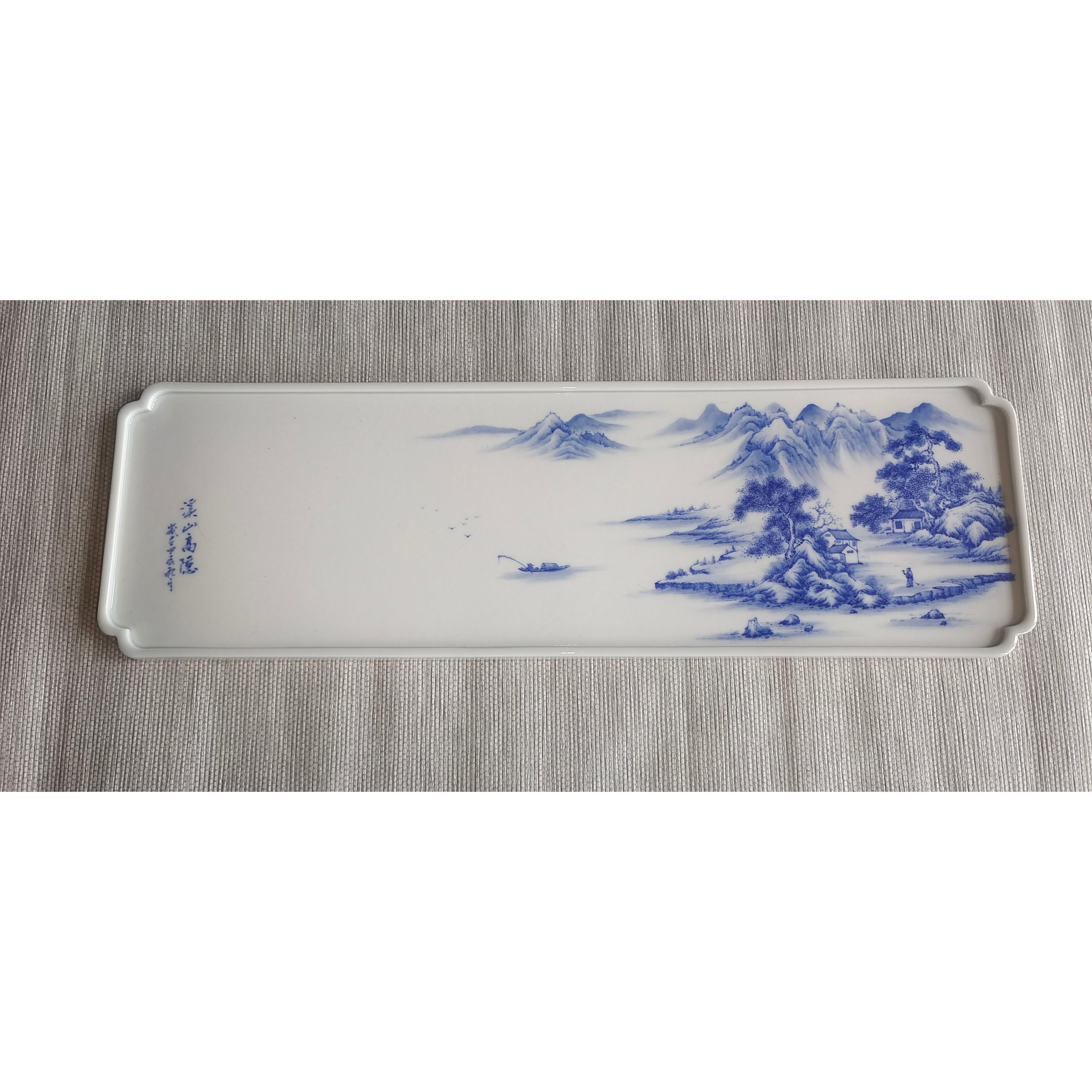 捡漏手工手绘青花山水陶瓷茶盘长方形景德镇釉下彩高温瓷壶承