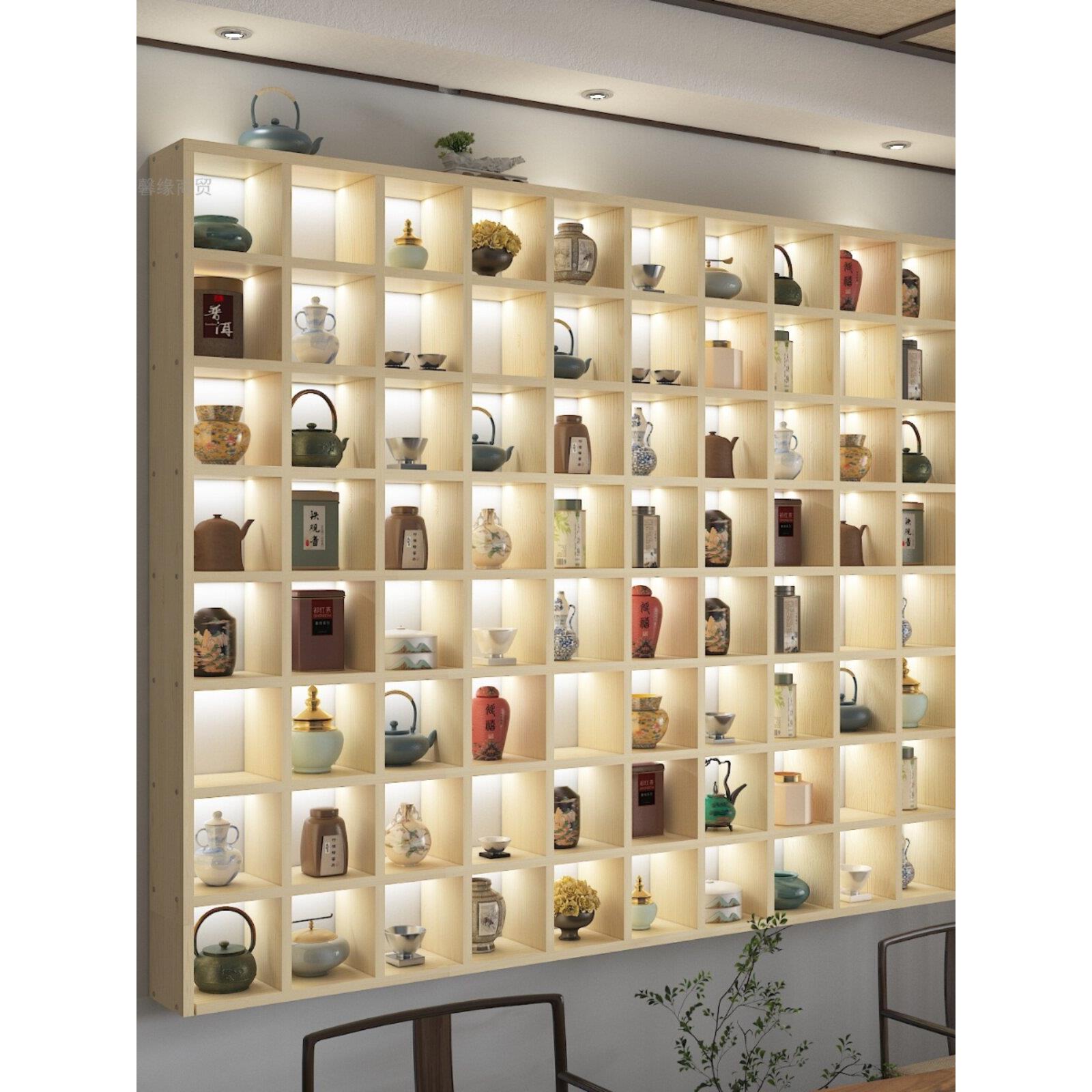 定制实木格子架墙上置物架壁挂收纳柜茶壶展示架小饰品创意格子铺