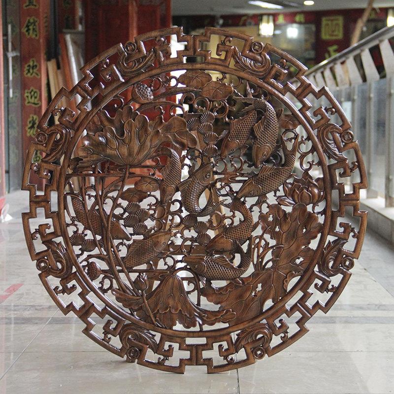 东阳木雕挂件中式玄关客厅背景墙面装饰画实木雕刻圆形荷花鱼壁挂
