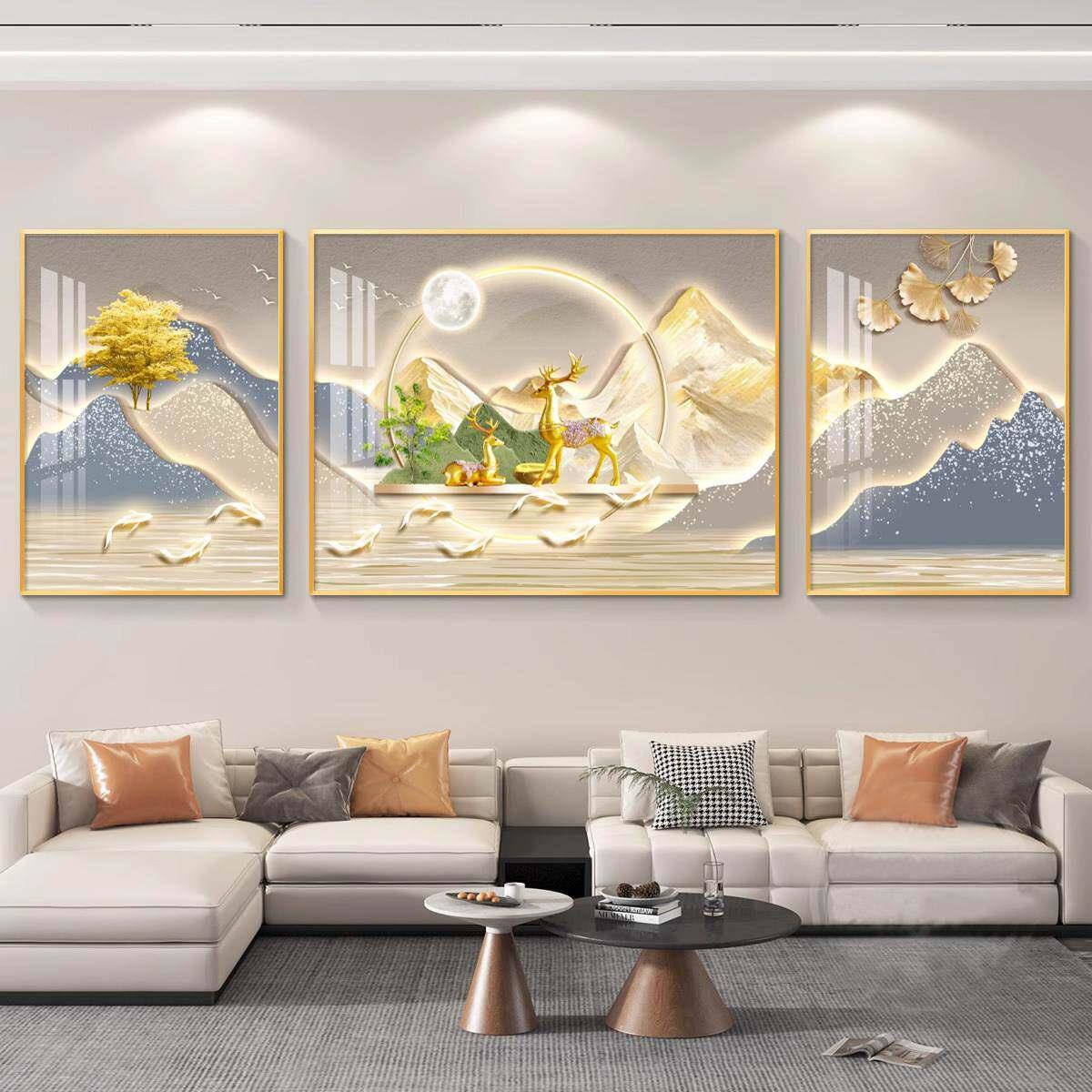 新中式背靠金山福鹿壁画客厅装饰画轻奢大气三联画沙发背景墙挂画