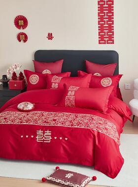 60S全棉婚庆刺绣喜嫁四件套红色被套婚庆床单婚嫁床上用品