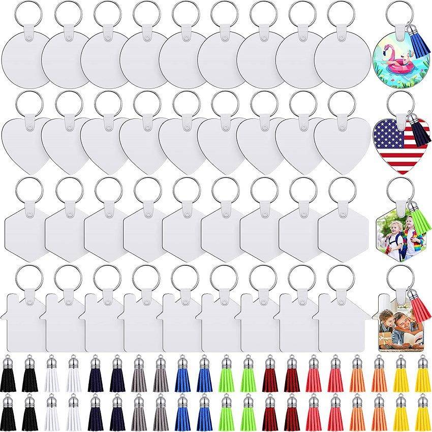 160件热升华空白木质钥匙扣MDF空白钥匙扣带钥匙圈彩色皮革流苏