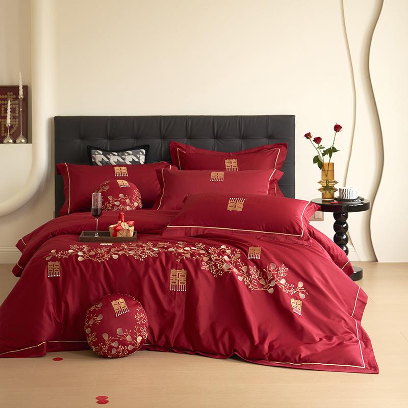 浪漫婚庆全棉床单四件套100支大红刺绣婚嫁被套纯棉床上用品1.8米