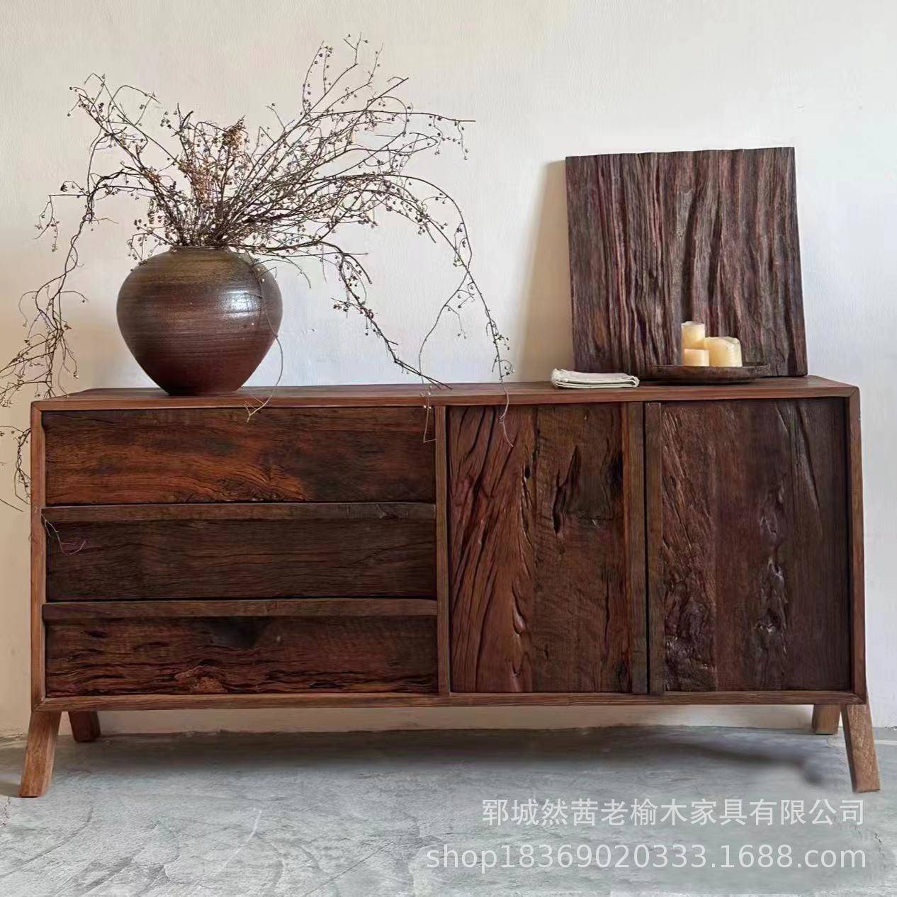 新中式老榆木餐边柜客厅装饰收纳柜玄关抽屉式斗柜实木茶水柜边柜