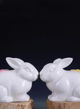 德化瓷招财如意兔子一对 风水陶瓷小白兔子工艺礼品摆饰生肖兔客
