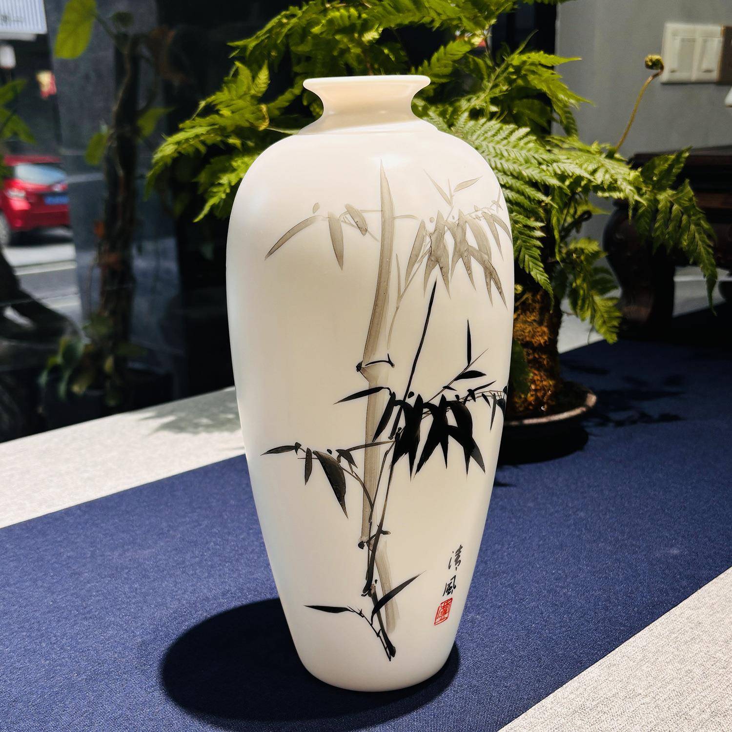 瓷语颠 手绘竹花瓶 陶瓷瓶摆件单个装花瓶家居客厅书房办公室桌面