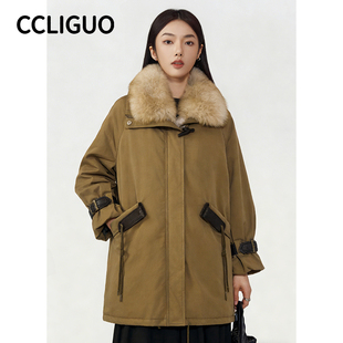 加大加长半身狐狸毛90白鹅绒宽松长袖中长款羽绒服