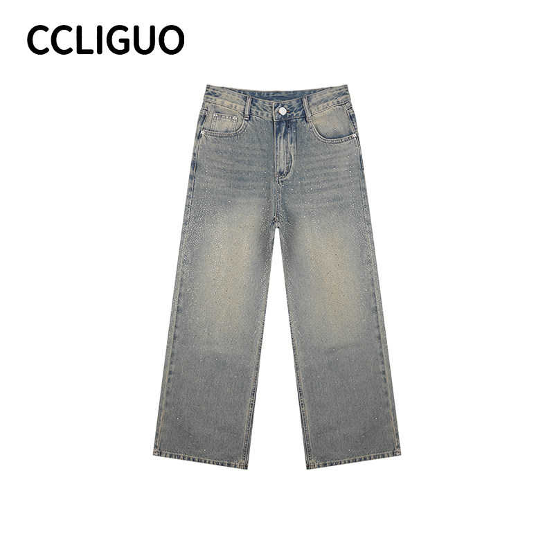 【爆闪裤】烫钻宽松显瘦直筒裤加绒款复古水洗女款牛仔裤