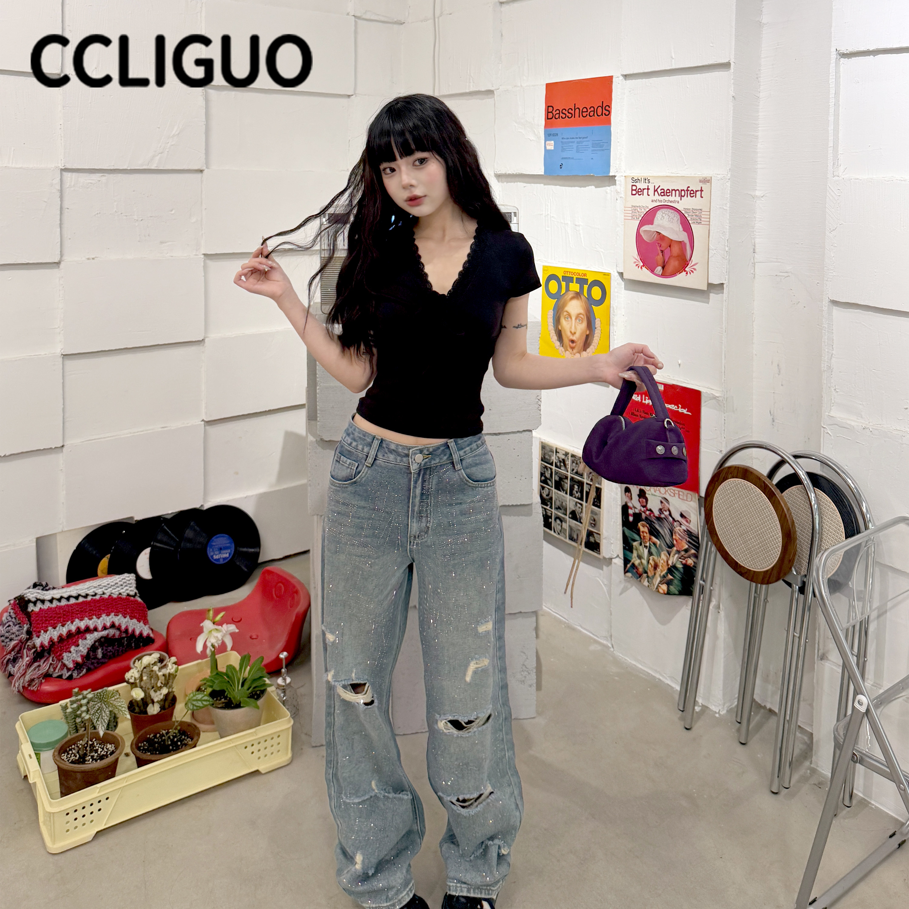 CCLIGUO烫钻破洞牛仔裤女夏季美式高街宽松直筒裤设计感阔腿长裤 - 实物图