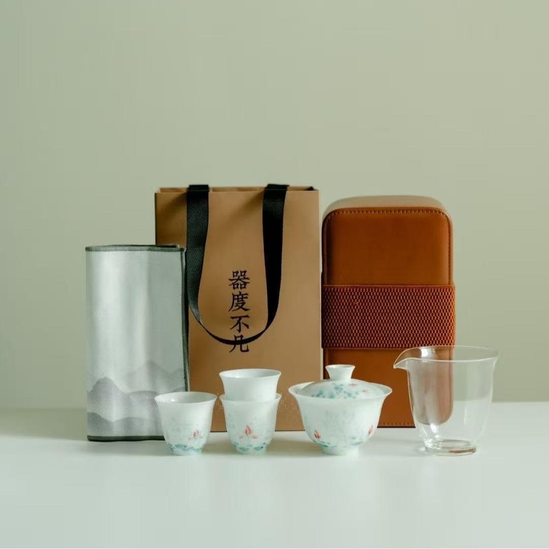 玲珑釉手绘荷花盖碗茶杯整套户外便携旅行茶具泡茶碗套组商务送礼