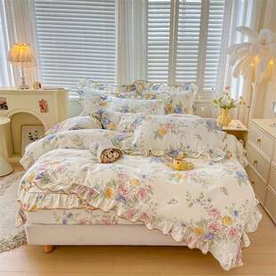 全棉夹棉床笠四件套A类纯棉韩版全花边公主风法式纯棉被套四件套