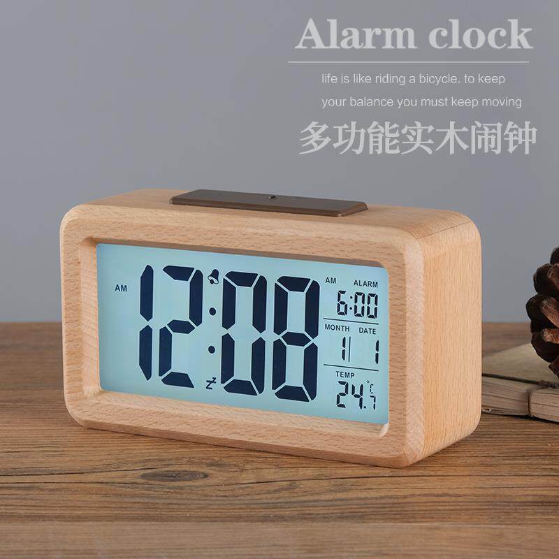 SI6KTQJ实木夜灯贪睡闹钟床头座钟学生用静音桌面钟时尚台面时