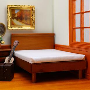 1:12娃娃屋dollhouse迷你小家具微缩卧室场景现代简约实木双人床