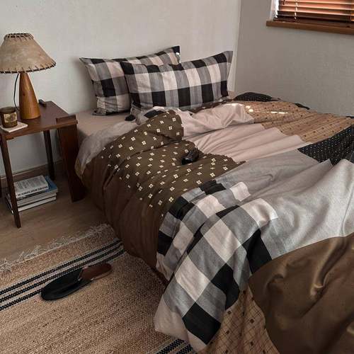 巴黎画染咖色复古风全棉四件套拼接碎花中古纯棉被套床单床笠床品