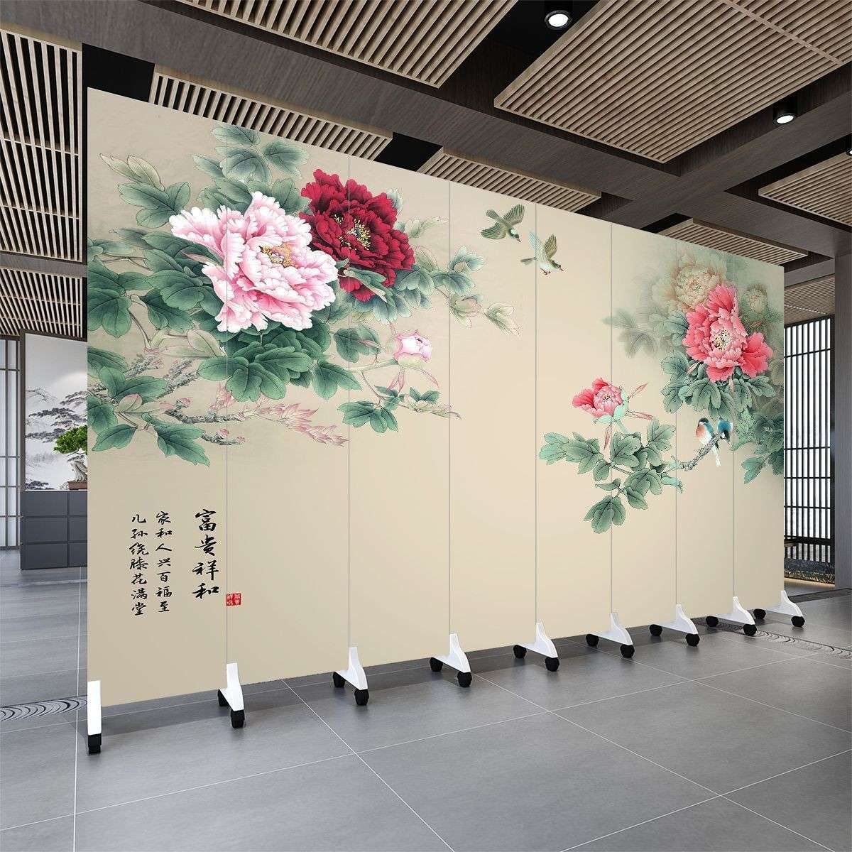 新中式富贵牡丹隔断移动折叠屏风客厅玄关入户书房遮挡隔断折屏风