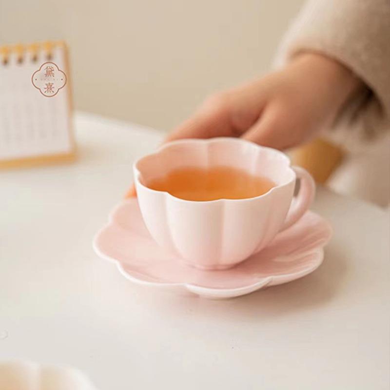 高颜值花瓣陶瓷茶杯咖啡杯套装粉色女士个人专用杯子下午茶拿铁