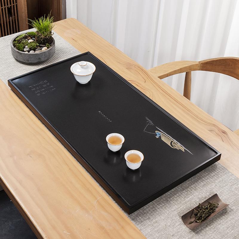 天然乌金石茶盘整块黑金石影雕家用办公排水简约轻奢茶海干泡托盘