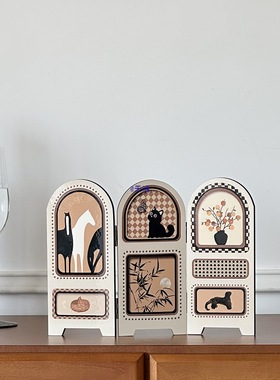 中古风小屏风桌面摆件复古木质客