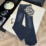 实拍韩版设计感拉链格子微喇叭牛仔裤女辣妹高腰修身弹力显瘦裤子
