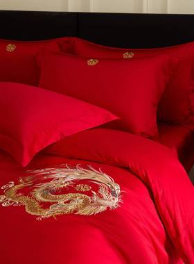 A类100支婚庆四件套全棉喜庆龙凤刺绣床笠款纯棉大红色结婚套件
