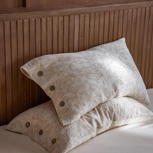 质朴棉麻单品枕头套酒店民宿提花纽扣系带宽边换洗枕芯罩一对装