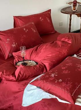 A类60支纯棉婚庆四件套 全棉提花大红色被套床单喜被新婚嫁房被罩