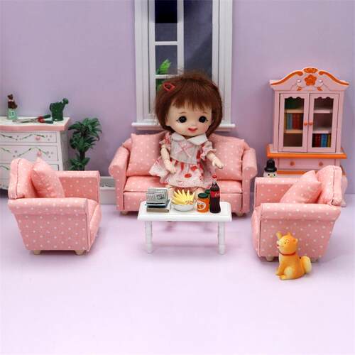 1:12迷你娃娃屋摆件DOLLHOUSE家具配件OB11用沙发套装布艺三件套