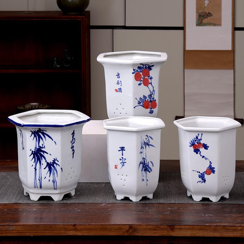 六方兰花盆手绘写意陶瓷吊兰精品悬崖客厅盆陶瓷吊兰绿萝多肉花盆