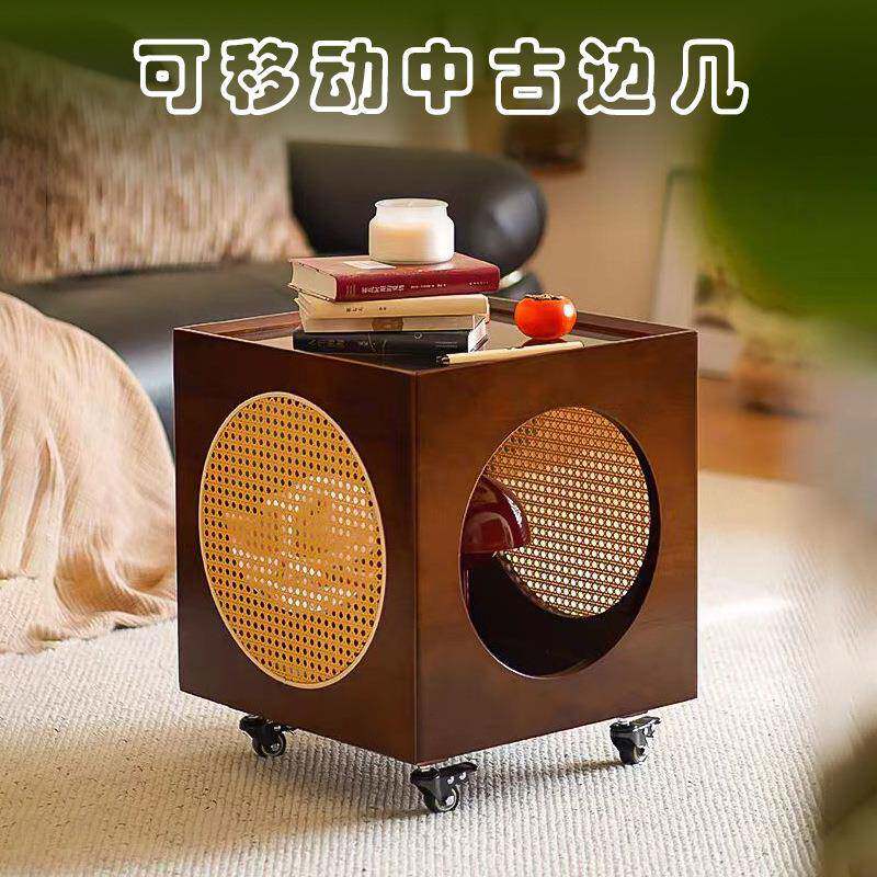 复中古风客厅可移动茶边几沙发推车床头实木藤编玻璃方形小置物柜