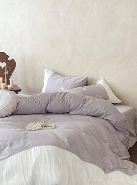 少女心超柔长绒棉四件套纯棉花卉刺绣1.2m拼接被套床笠床品粉紫色