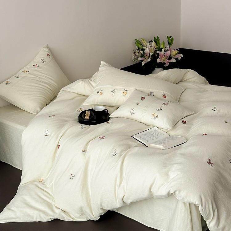 清新小碎花纯棉双层皱皱纱四件套全棉刺绣高端被套床上用品绿色