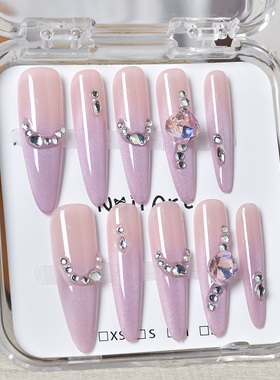 紫色穿戴甲超长款猫眼闪钻秋冬指甲贴片新娘穿戴美甲拍婚纱照甲片