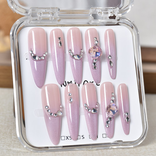 紫色穿戴甲超长款猫眼闪钻秋冬指甲贴片新娘穿戴美甲拍婚纱照甲片