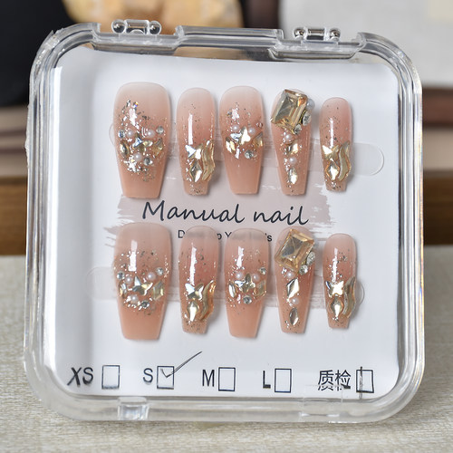 手工穿戴甲长款水钻闪粉美甲贴片高级感新娘品拍婚纱照指甲贴片