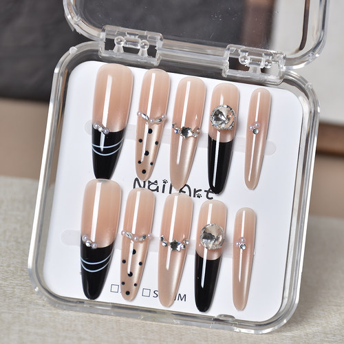 秋冬穿戴甲超长2025新款高级感黑色法式猫眼指甲贴片甲片穿戴美甲