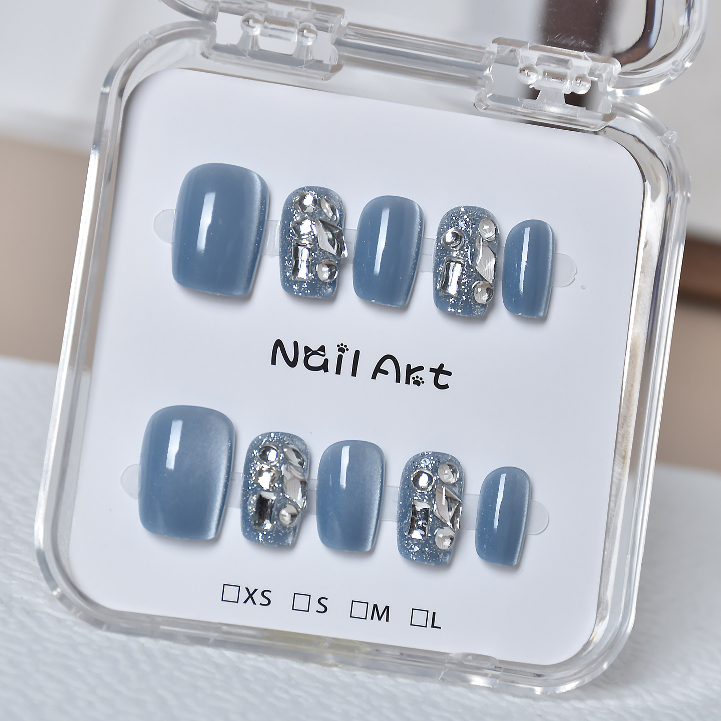 蓝色穿戴甲短款猫眼指甲贴片秋冬甲片2026新款穿戴美甲手工假指甲