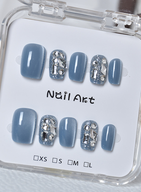 蓝色穿戴甲短款猫眼指甲贴片秋冬甲片2026新款穿戴美甲手工假指甲