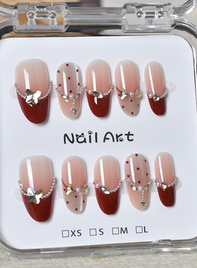 红色穿戴甲中长款法式猫眼波点过年指甲贴片2026新款甲片新年战甲