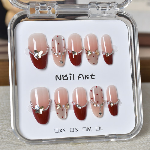 红色穿戴甲中长款法式猫眼波点过年指甲贴片2026新款甲片新年战甲