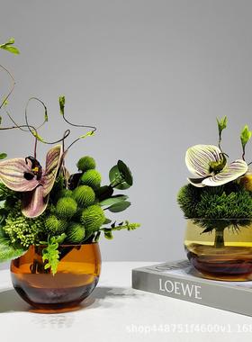 现代仿真花艺绿植玻璃花器餐桌洽谈软装客厅假花轻奢装饰花艺摆件