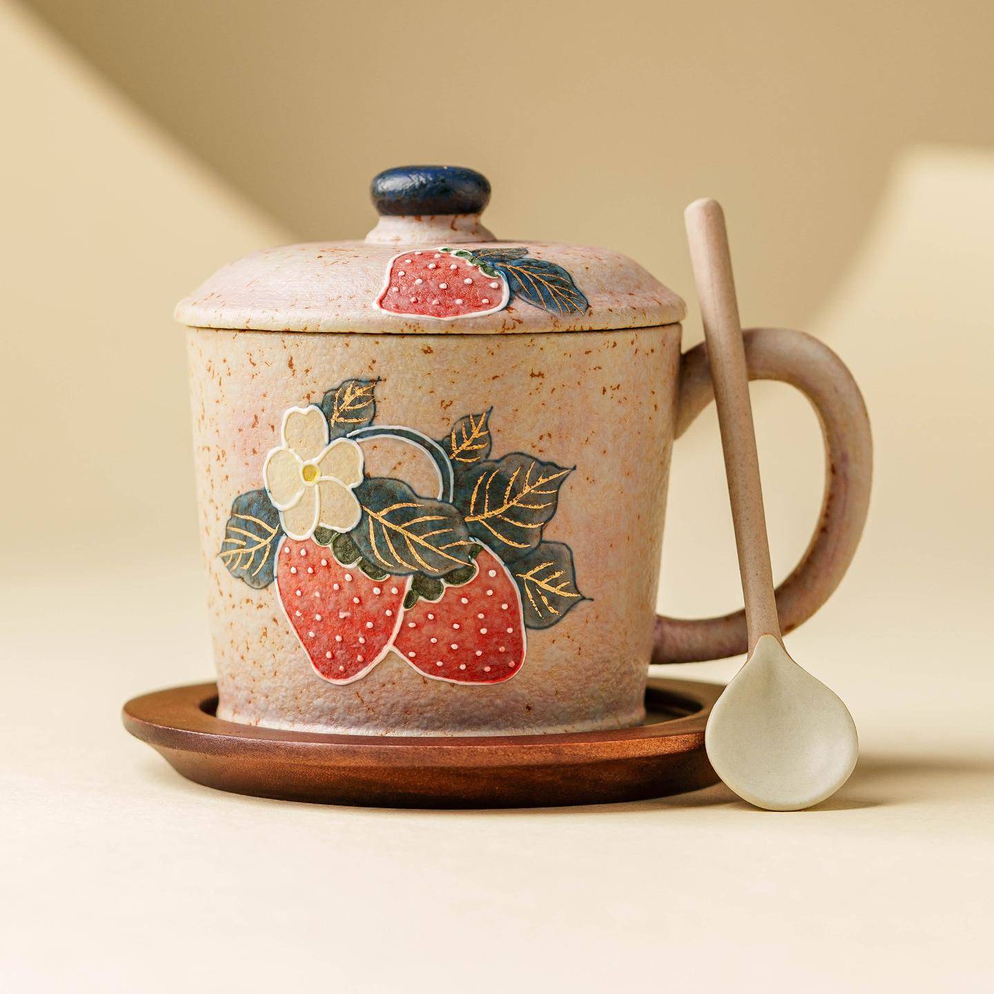 火石红梅粉陶瓷喝茶杯子手绘草莓泡茶杯品茗杯家用茶具咖啡杯单杯