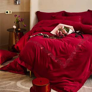 现代婚庆大红刺绣全棉长绒棉四件套高端喜庆床上用品缘定今生粉红