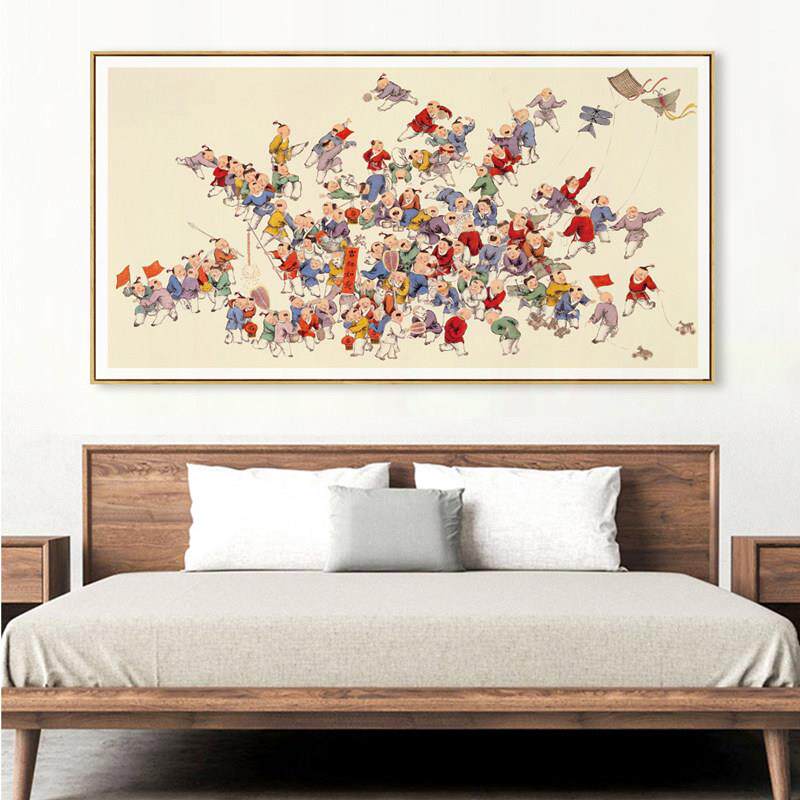 网红水墨装宣x0420言中新式祥百子挂画画客厅饰横版年画吉壁画国