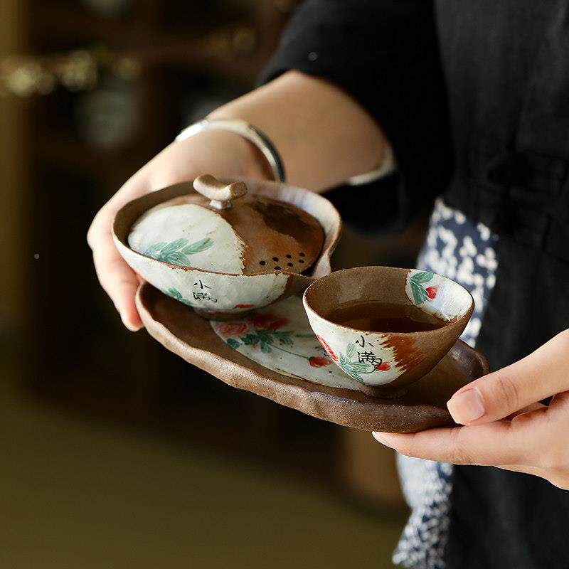 觅盖己手绘老岩泥茶碗柴烧茶具套装BYZH2784一人杯档粗陶手抓壶复