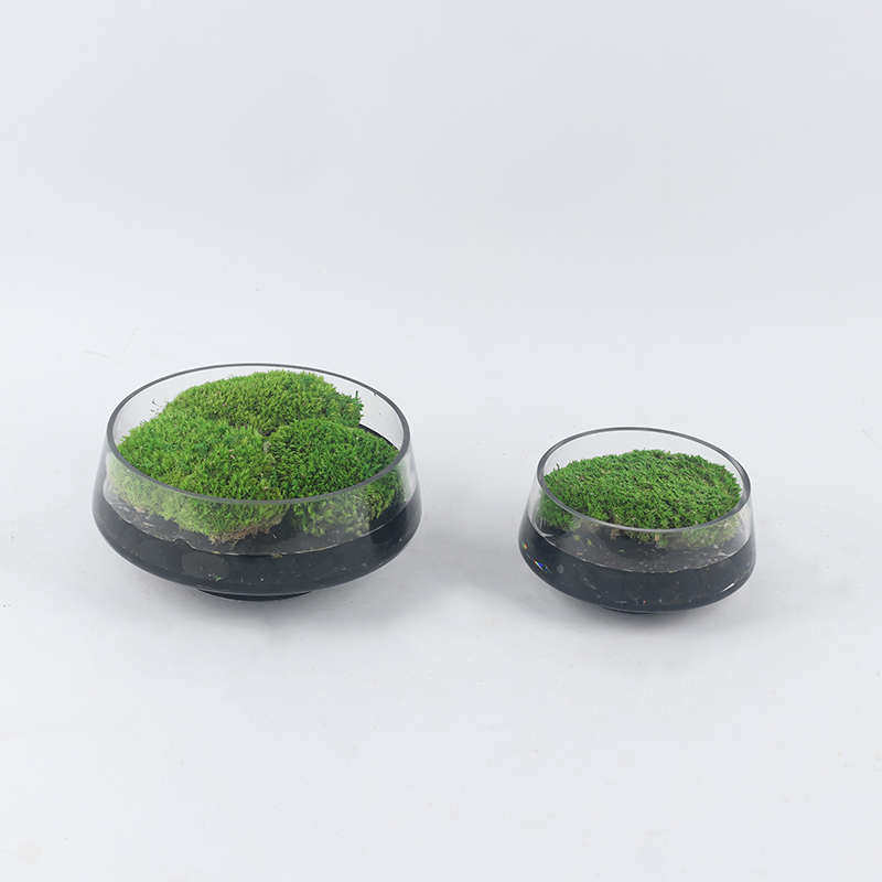 新中式圆形透明玻璃整体苔藓花艺景端洽谈台饰品桌鹅卵石摆件茶几