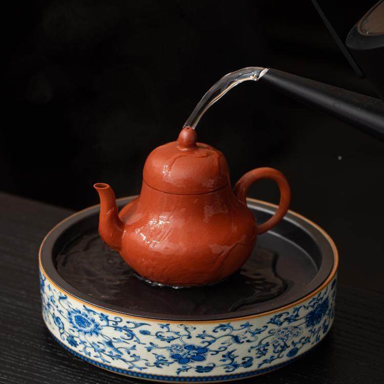 汝家窑青花缠枝茶莲陶壶承瓷中式紫砂壶垫用储水干泡台GR汝窑青托