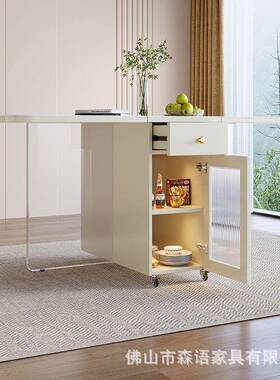 收纳轻奢岩移板折叠餐桌长桌方形奶油风餐椅合小户型组动吃饭W249