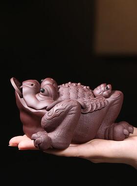 紫来顺宜兴紫砂茶宠摆件 大号纯手工金蟾精品茶道茶玩31149